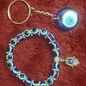 Blue Evil Eye Bracelet and Keychain Set